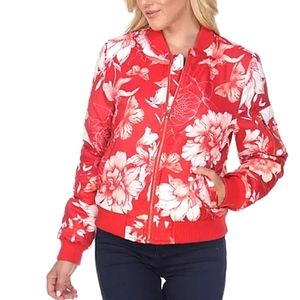 WHITE MARK Bomber Jacket Women's L Red Floral Winter Collection Satin Full Zip